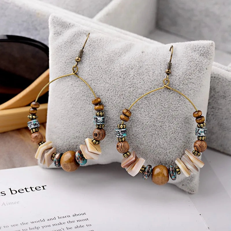 Big Bronze Wood Beads Round Drop Boho Earrings