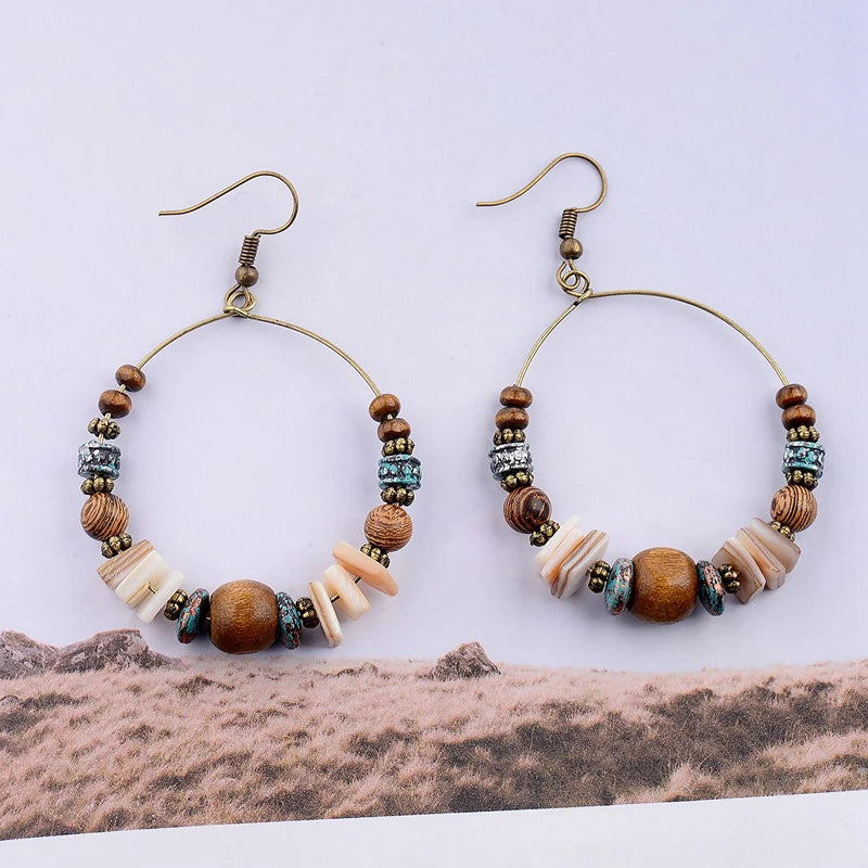 Big Bronze Wood Beads Round Drop Boho Earrings