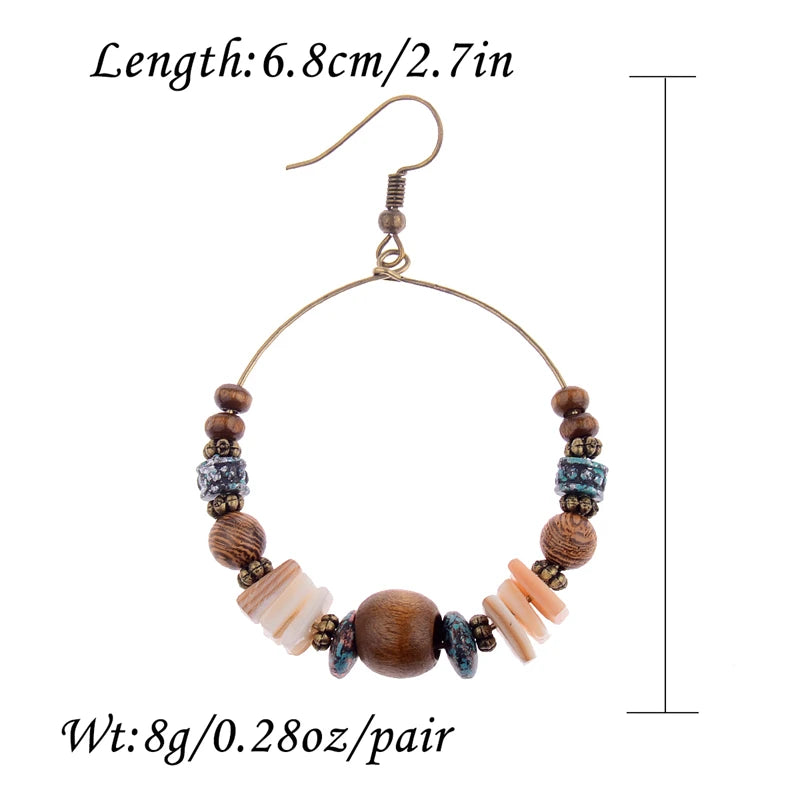 Big Bronze Wood Beads Round Drop Boho Earrings