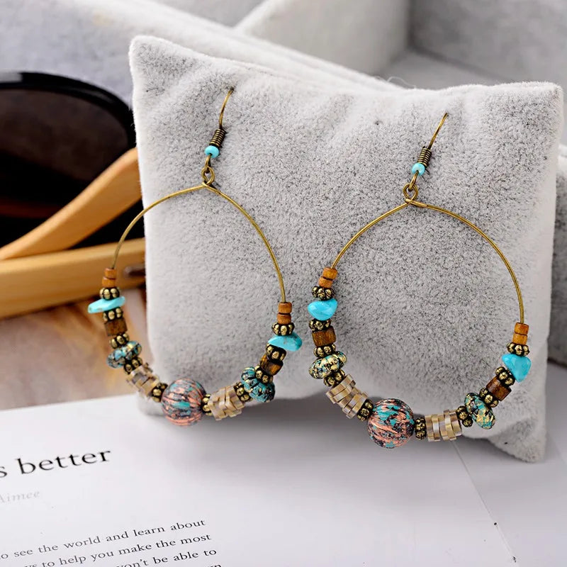 Big Bronze Wood Beads Round Drop Boho Earrings