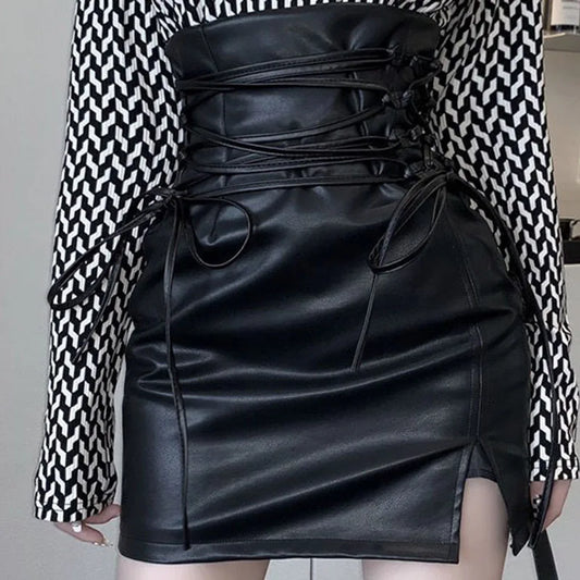 Black Leather Skirts High Waist Slim Fit Lace-Up Pencil Skirt