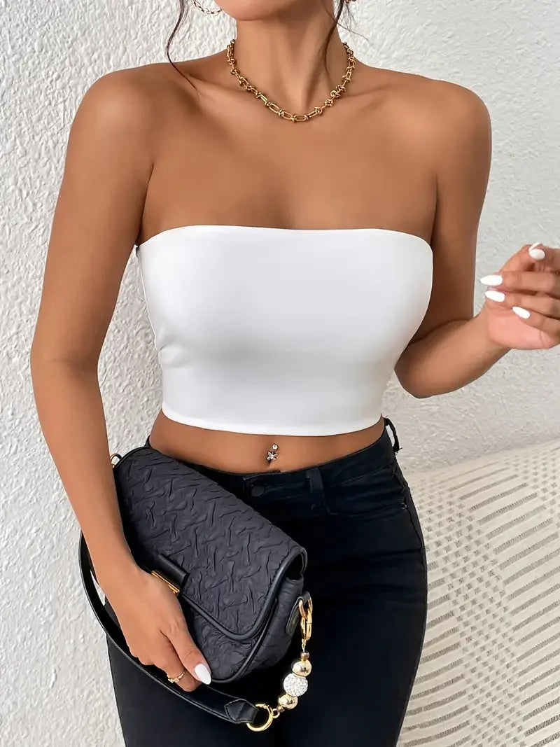 Sexy Bodycon Crop Tube Top, Solid Stretchy Tube Top, Casual Every Day Tops, Women's Clothing