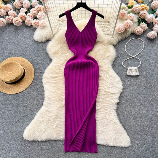 Chic Fashion Sexy Wrap Hips Split Knitted Autumn Dress Women