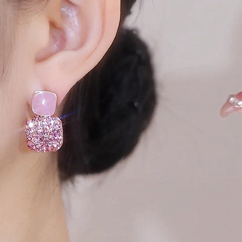 Mosaic Zircon Pink Oil Drip Simple Earrings