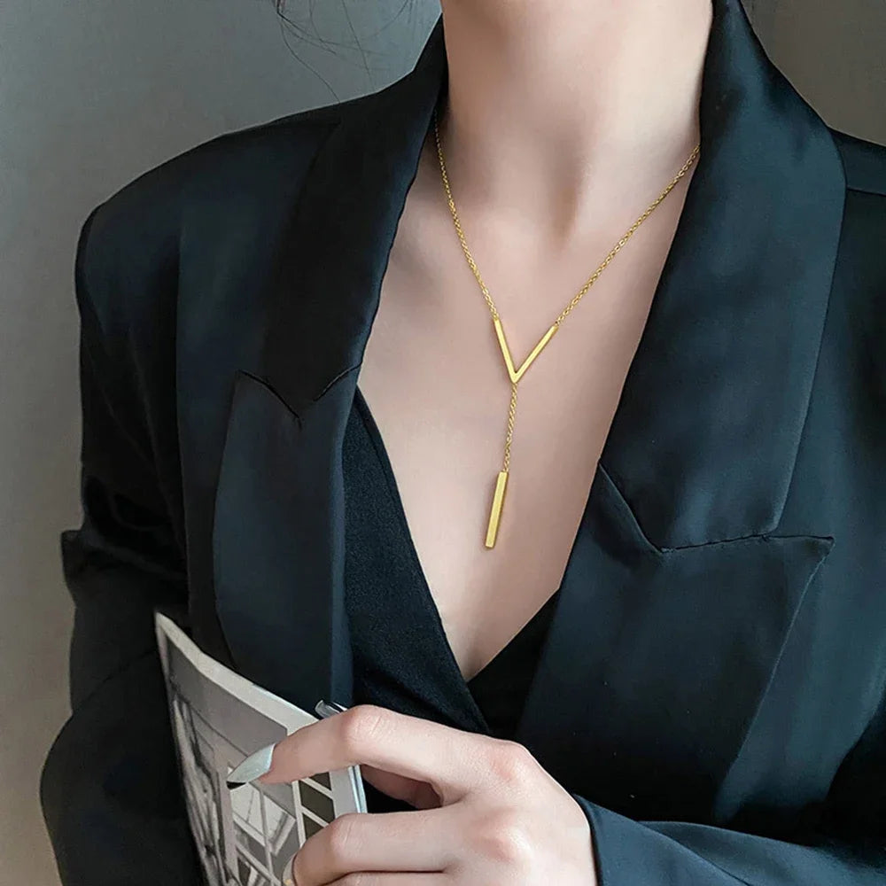 V-shaped Long Clavicle Gold Colour Chain Necklace