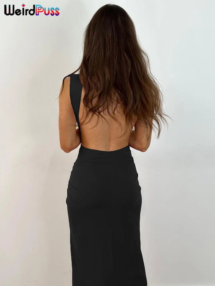 Deep V-Neck Women Sleeveless Backless Ruched Wrapped Split Skinny Stretchy Elegant Bodycon DRESS