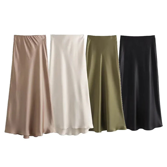 Long Skirt Spring Elastic High Waisted A-Line Casual Female Satin Skirts High Street Lady Skirts