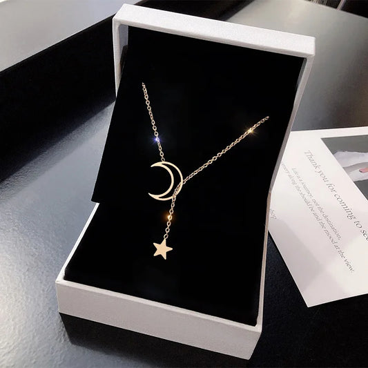 Moon Star Pendant Choker Necklace Simple Gold Color Alloy Charm Chain Collares Necklace