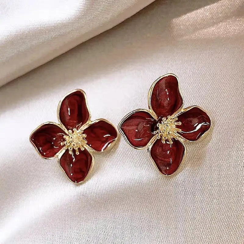 Korean Women Retro Drip Glaze Red Flower Earrings