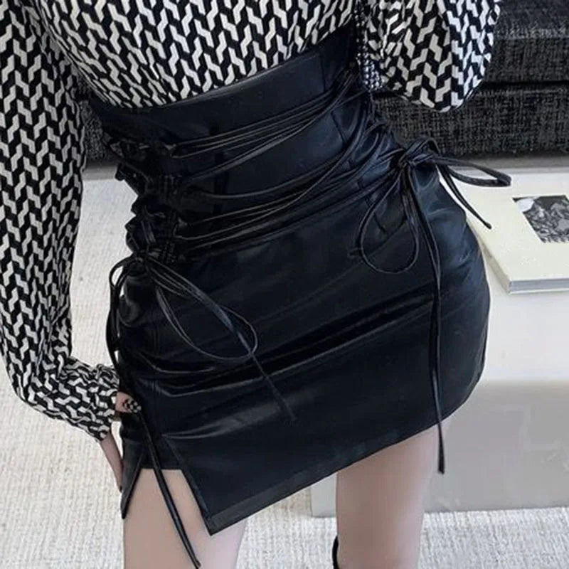 Black Leather Skirts High Waist Slim Fit Lace-Up Pencil Skirt