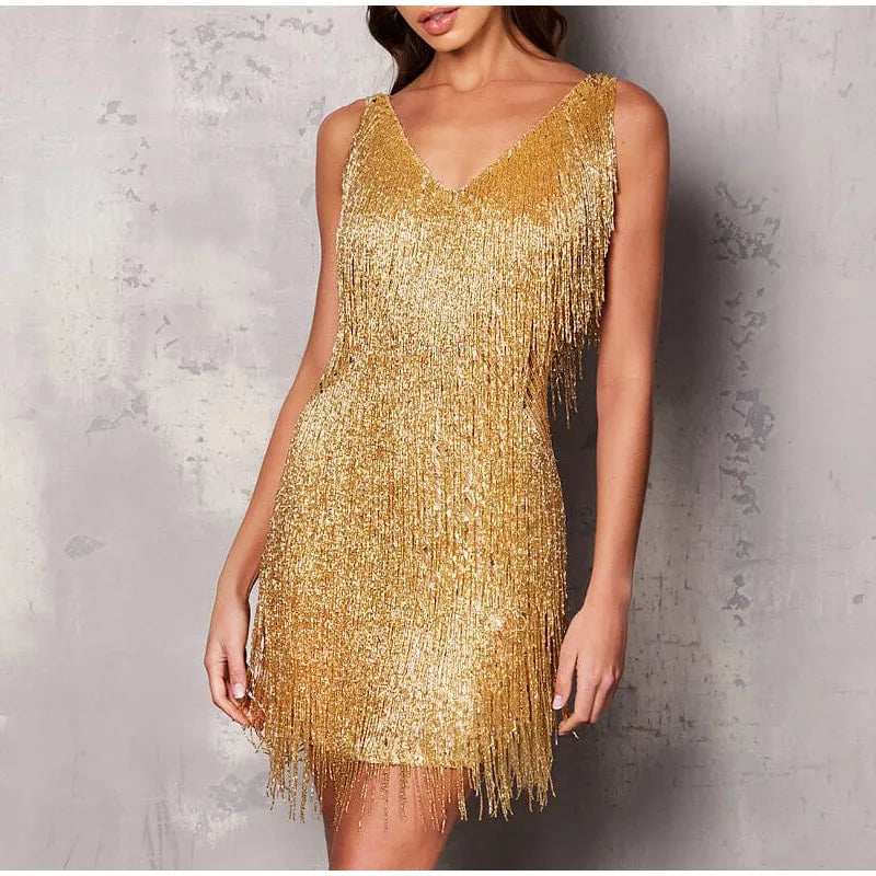 Tassel Sequins Feather Dress Women Spaghetti Strap Stitching Dresses