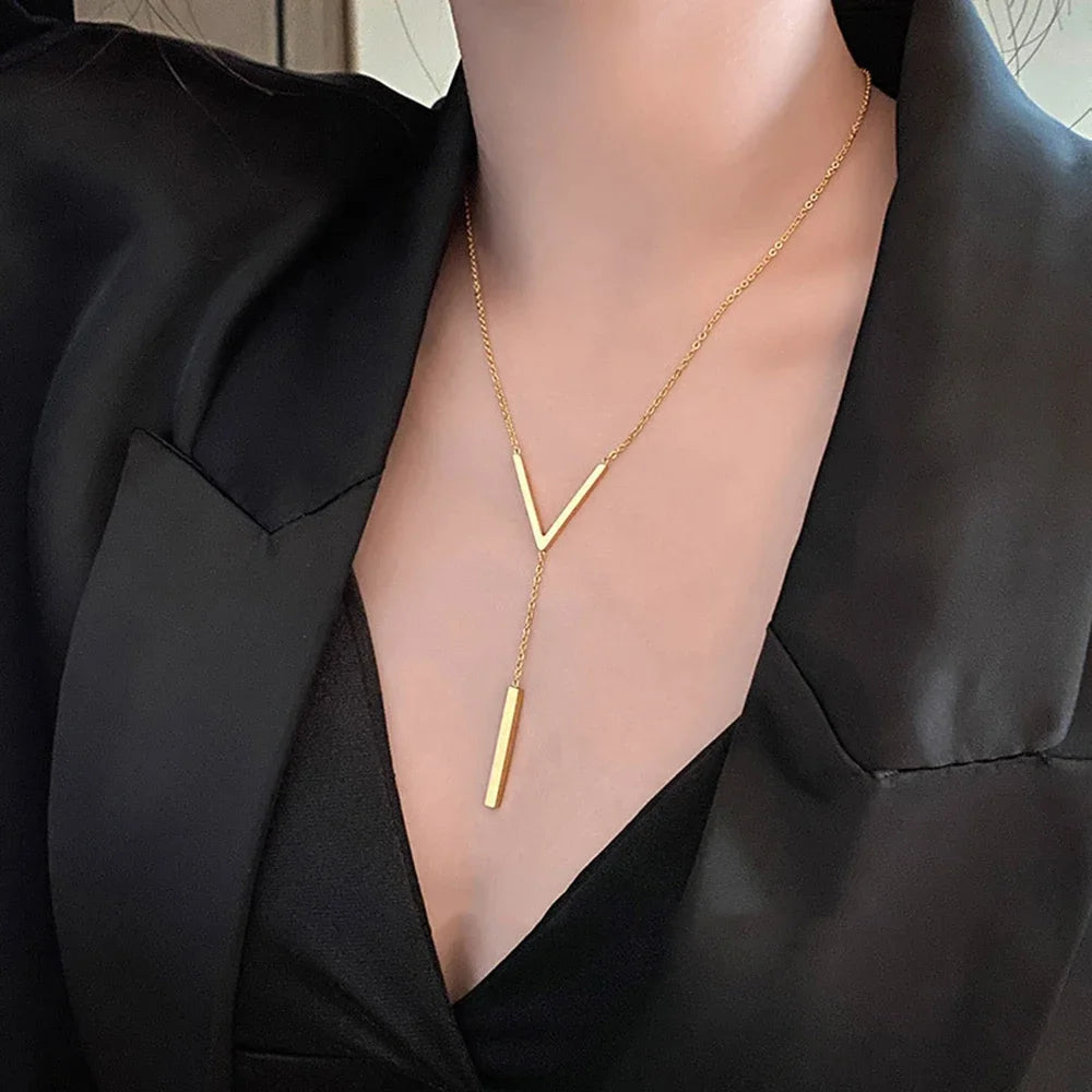 V-shaped Long Clavicle Gold Colour Chain Necklace