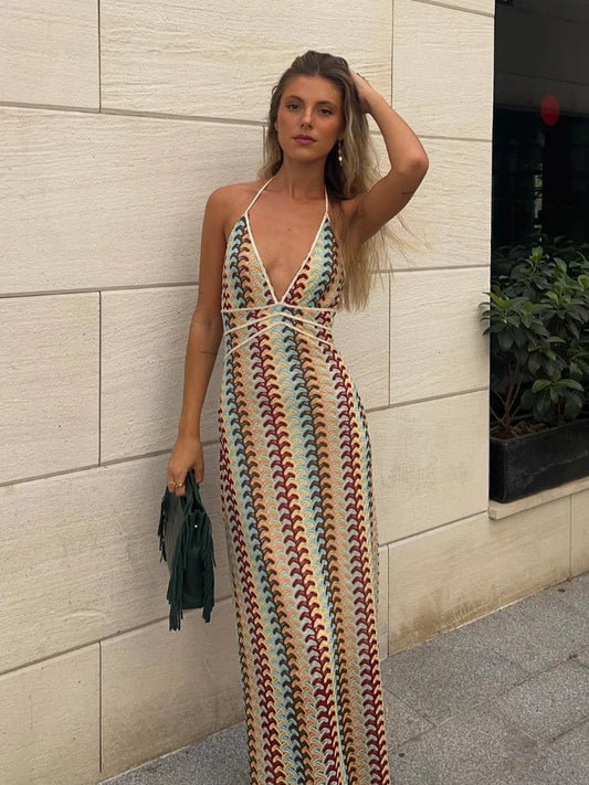 Contrast Striped Knit Halter Dress