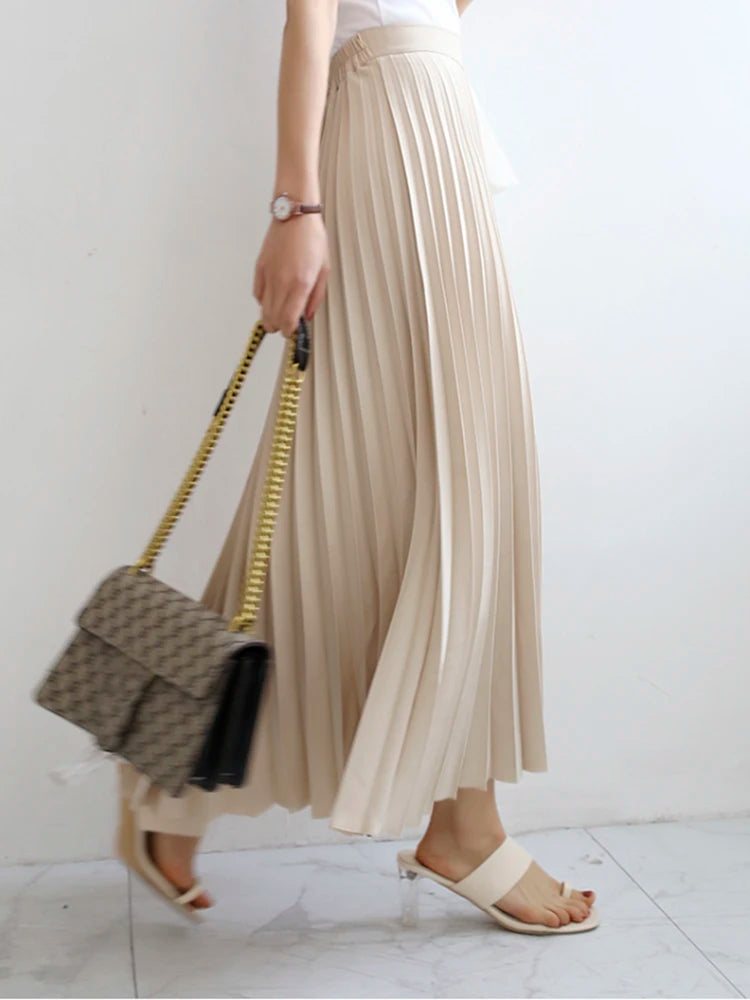 Elegant Chic Solid Pleated Skirt High Waist