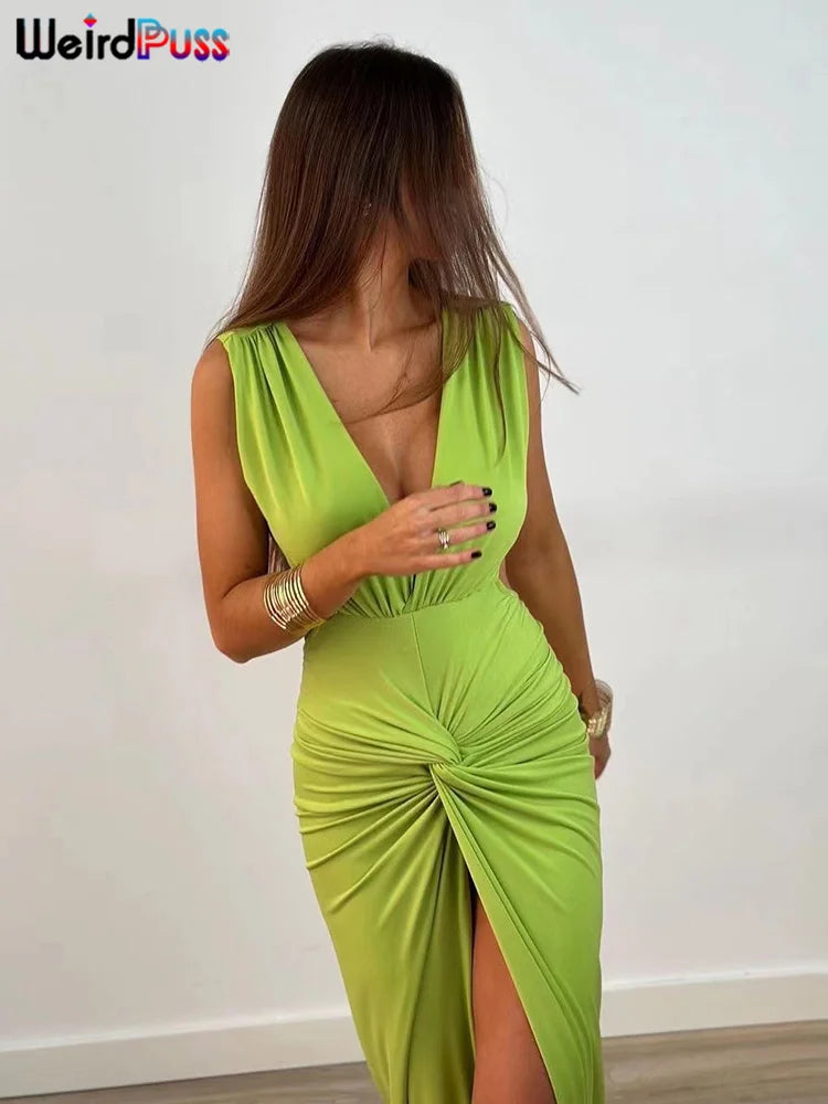 Deep V-Neck Women Sleeveless Backless Ruched Wrapped Split Skinny Stretchy Elegant Bodycon DRESS