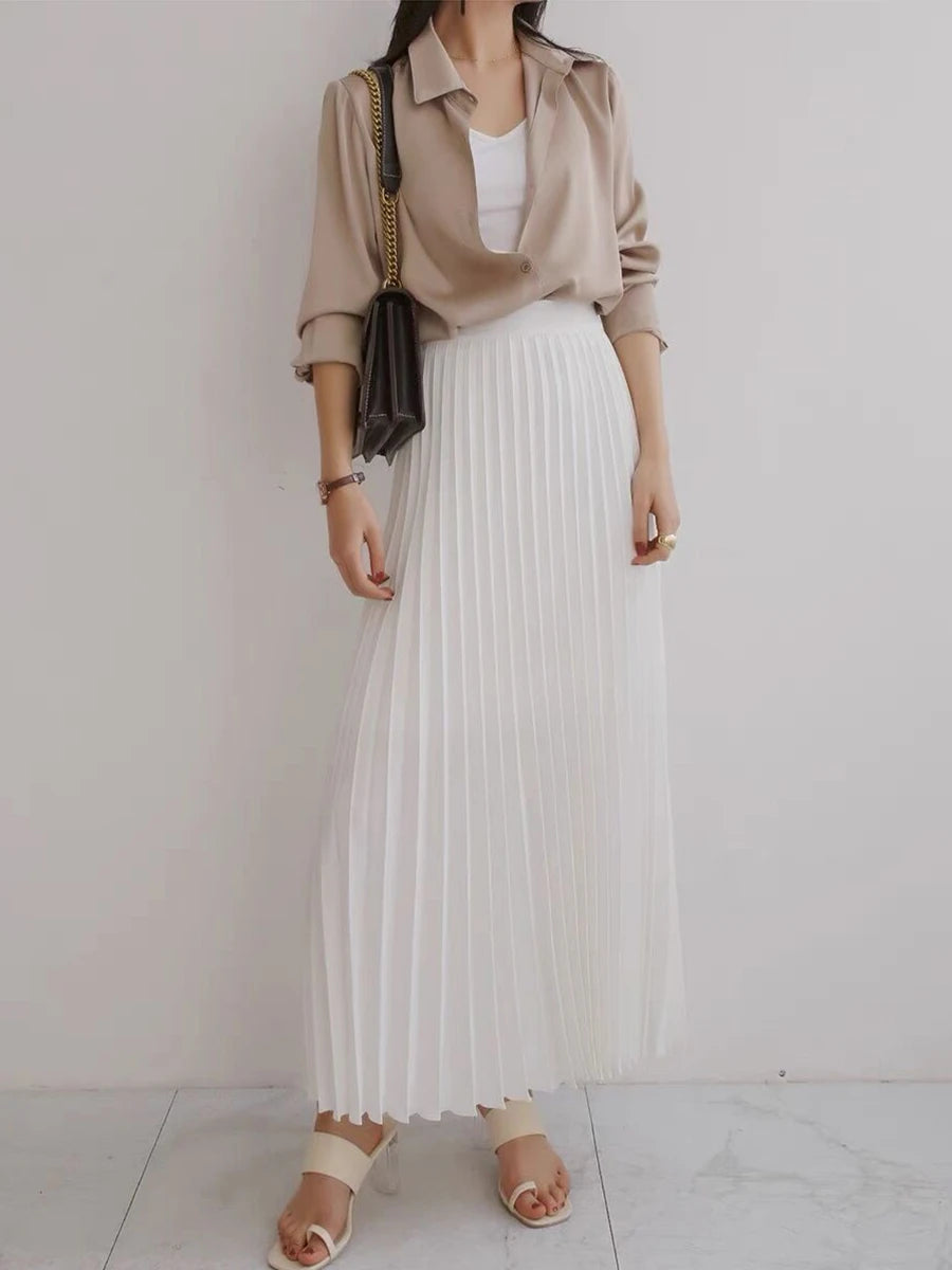 Elegant Chic Solid Pleated Skirt High Waist