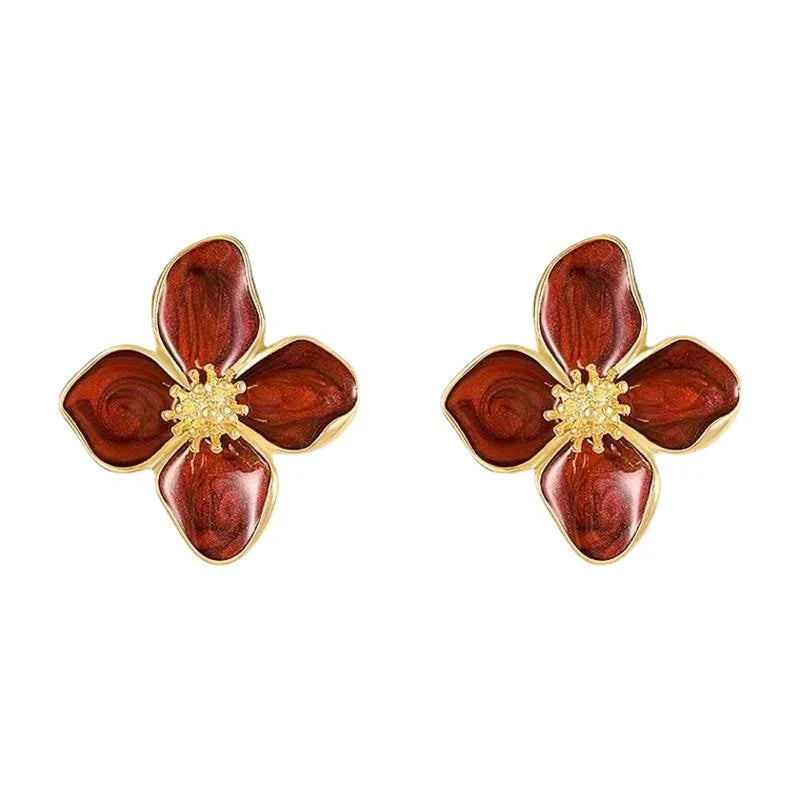 Korean Women Retro Drip Glaze Red Flower Earrings