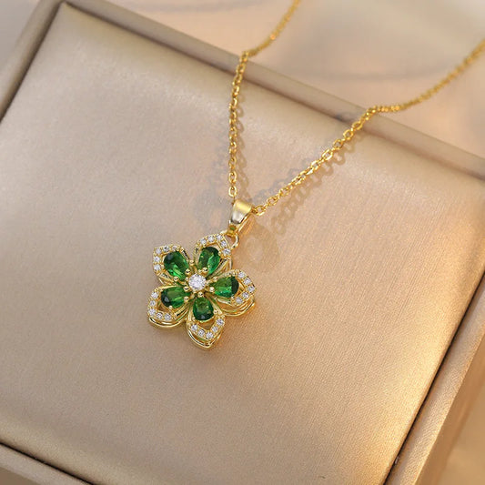 OIMG 316L Stainless Steel Gold Plated Romantic Rotatable Flower Zirconia Pendant Necklace