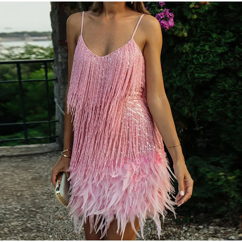 Tassel Sequins Feather Dress Women Spaghetti Strap Stitching Dresses