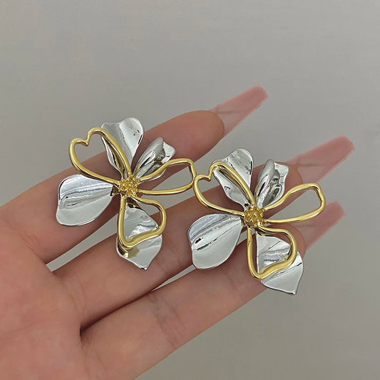 Vintage Metal Gold Silver Color  Big Flower Drop Earrings