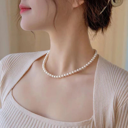 Elegant Simple White Pearl Chain Choker Necklace