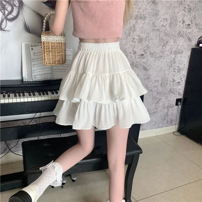 Pleated A-line Skirt White Ruffles