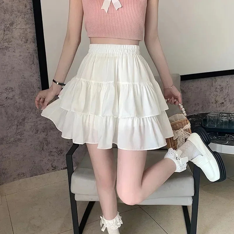 Pleated A-line Skirt White Ruffles