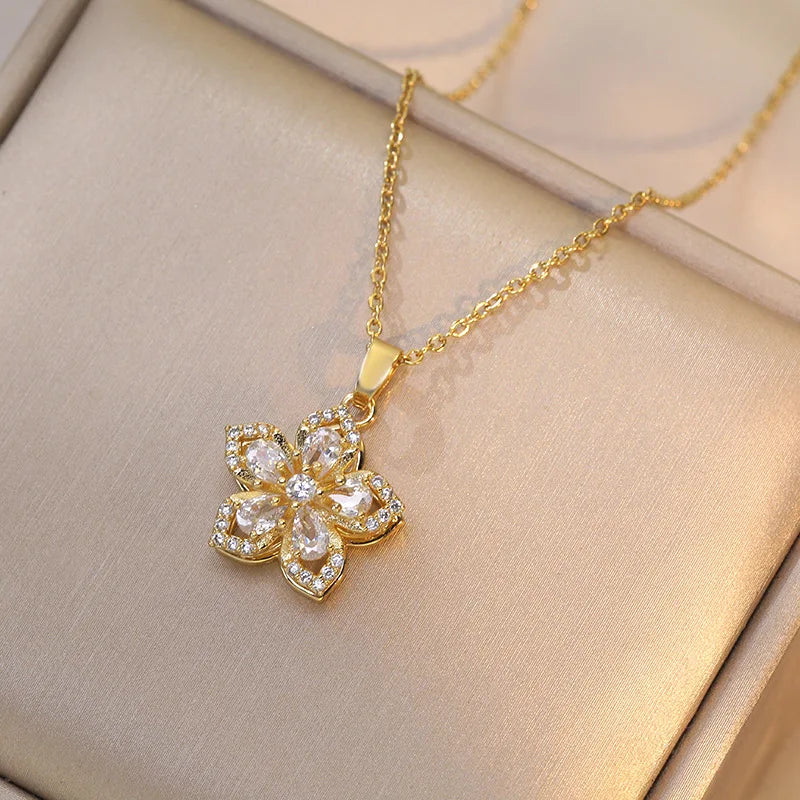 OIMG 316L Stainless Steel Gold Plated Romantic Rotatable Flower Zirconia Pendant Necklace