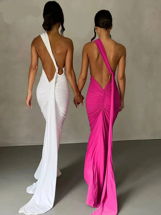 Backless Adjustable  one shoulder Scarf Loop Ruched Sexy Maxi Dress