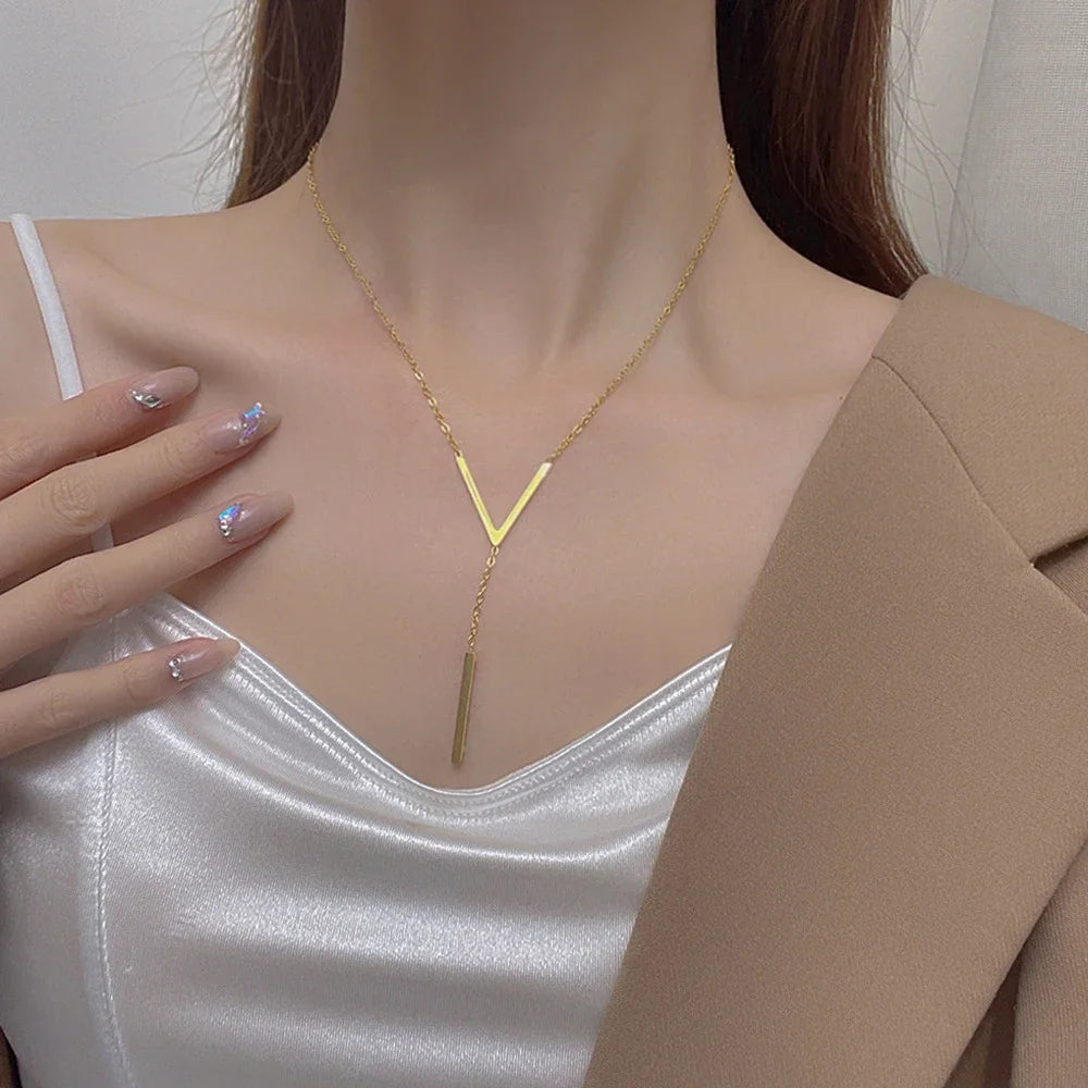 V-shaped Long Clavicle Gold Colour Chain Necklace