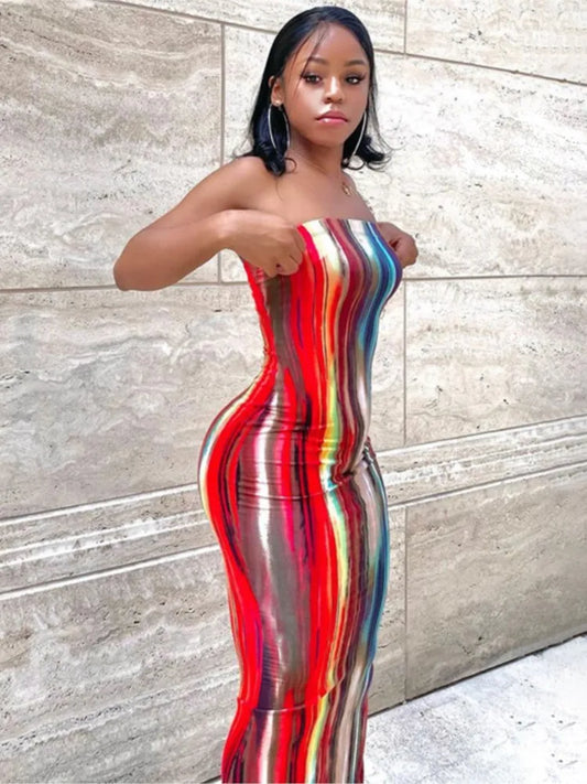 Chest Wrap Printed Off Shoulder Bandage Slim Sexy Long Dress