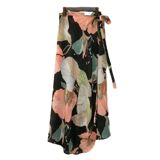 High Waist Wrap Flower Long Skirt With Slit