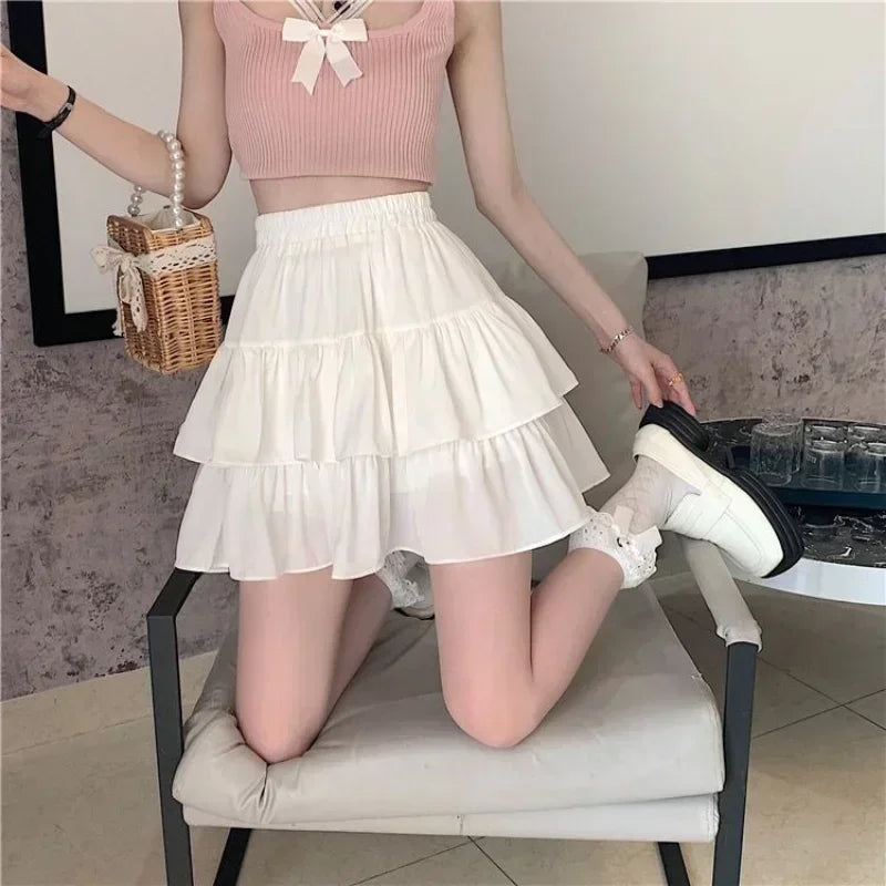 Pleated A-line Skirt White Ruffles