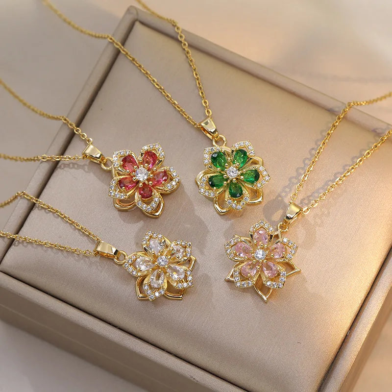 OIMG 316L Stainless Steel Gold Plated Romantic Rotatable Flower Zirconia Pendant Necklace