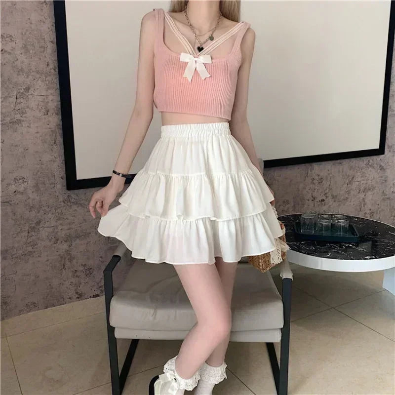 Pleated A-line Skirt White Ruffles