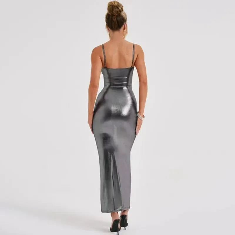 Metallic Sleeveless Spaghetti Strap Maxi Dress Backless