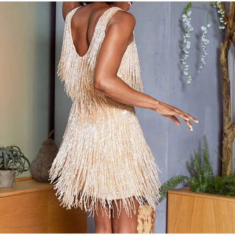 Tassel Sequins Feather Dress Women Spaghetti Strap Stitching Dresses