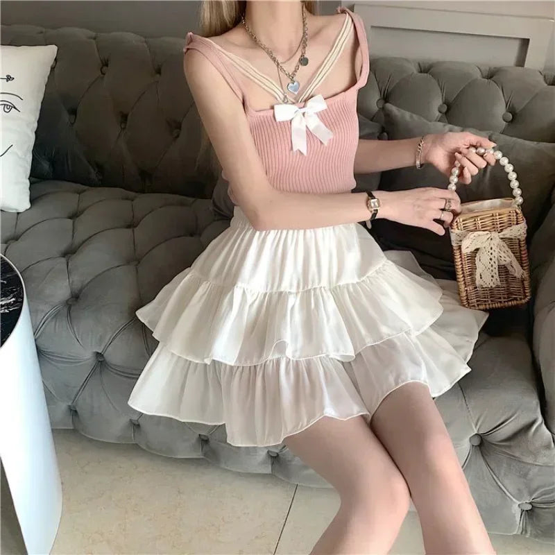 Pleated A-line Skirt White Ruffles